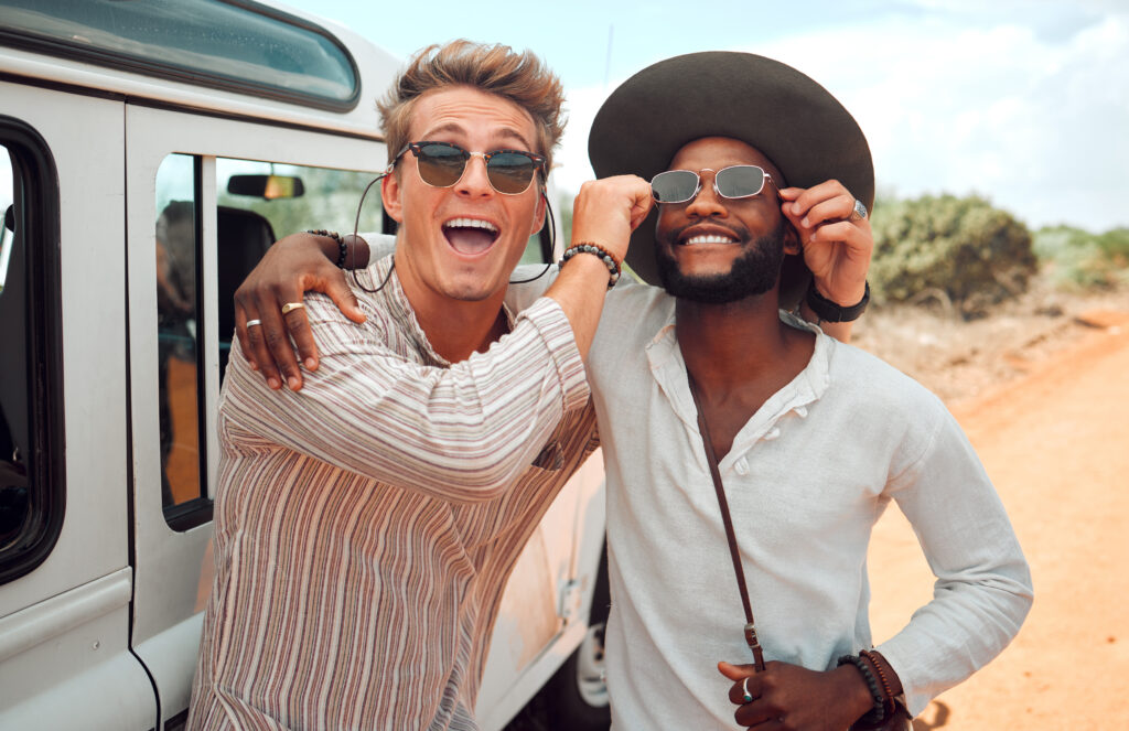 Friends, smile and travel for road trip vacation with sunglasses of man enjoying the summer holiday