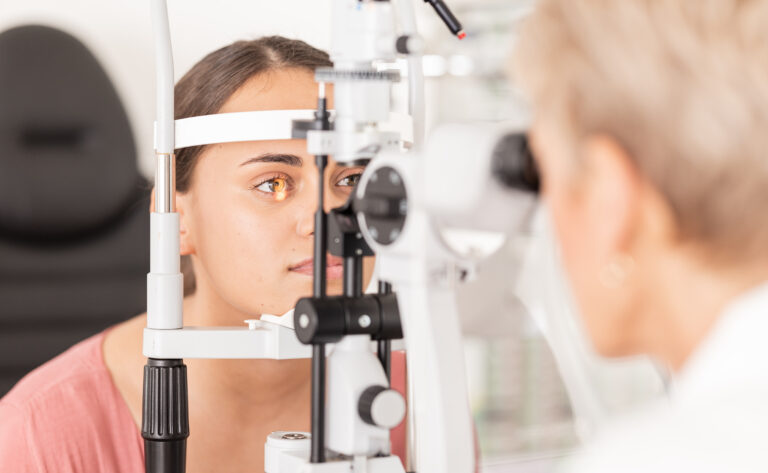 Woman at eye lens test, healthcare for vision by optician for contact lens and focus with laser med